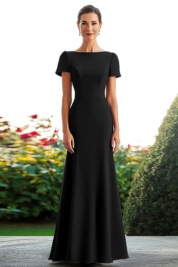 Black Crepe Satin Sheath Short Sleeves Long Mother Of Bride Dress